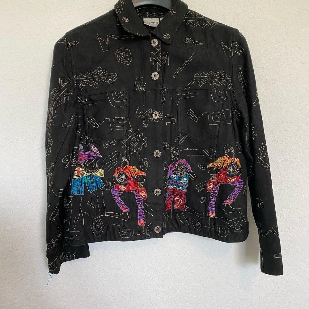 Chico’s Black Embroidered‎ Jacket African Tribal Art to Wear 1 Medium